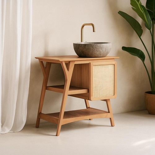 Meuble de salle de bain bois teck massif simple vasque 80 cm - Kalindi