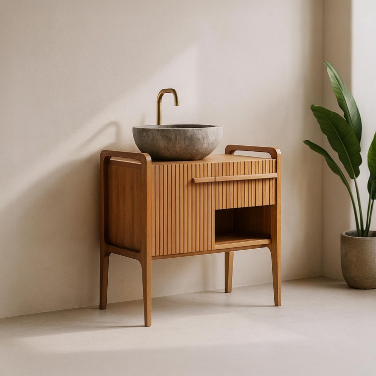 Meuble de salle de bain bois teck massif simple vasque 80 cm - Devika Meuble de salle de bain bois teck massif simple vasque 80 cm - Devika