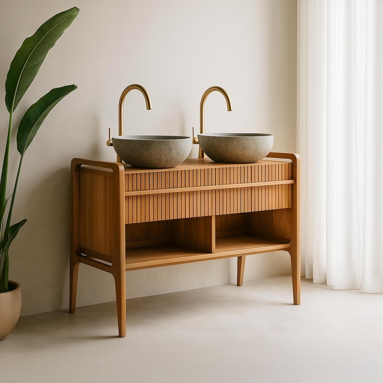 Meuble de salle de bain bois teck massif double vasque 120 cm - Devika