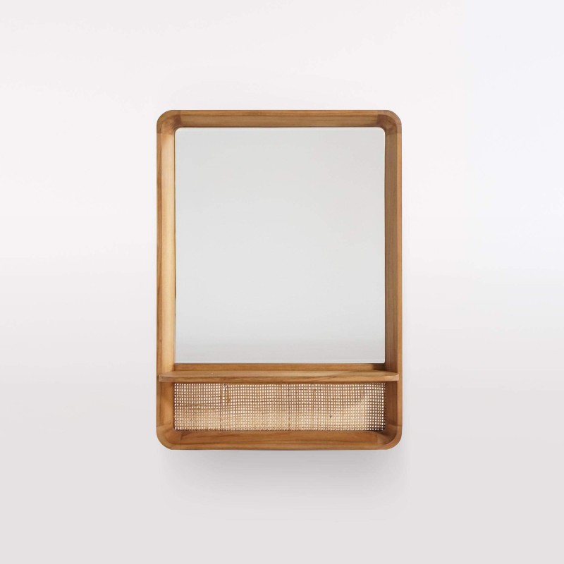 Miroir rectangulaire en bois de teck et cannage