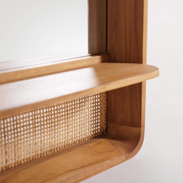 Miroir rectangulaire en bois de teck et cannage