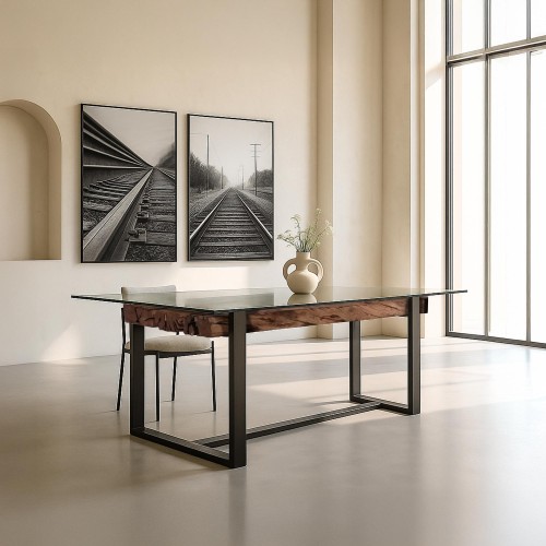 Table à manger rectangulaire en verre et traverses de chemin de fer - Railwood
