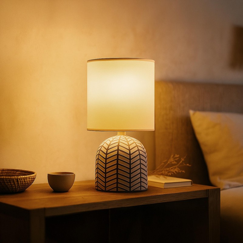 Lampe en céramique artisanale – motif graphique gris et blanc - Amani