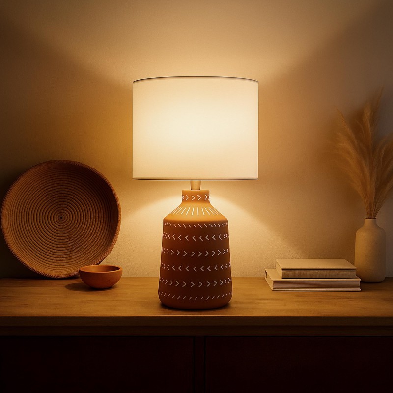 Lampe artisanale en céramique terracotta – motif ethnique peint à la main - Zahara