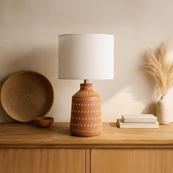 Lampe artisanale en céramique terracotta – motif ethnique peint à la main - Zahara