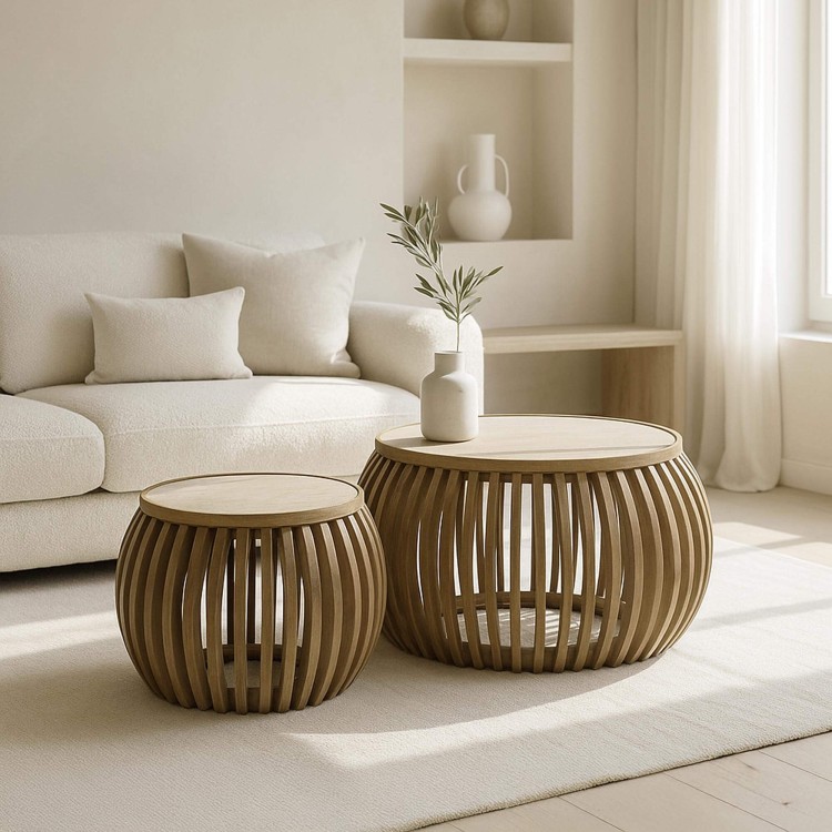 Lot de 2 tables basses rondes en bois de manguier plateau céramique - Nuovo