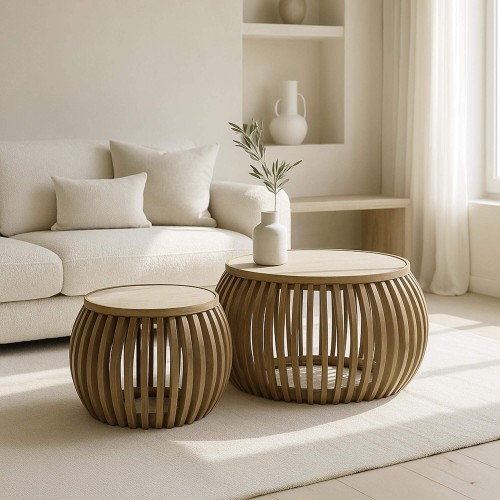 Lot de 2 tables basses rondes en bois de manguier plateau céramique - Nuovo