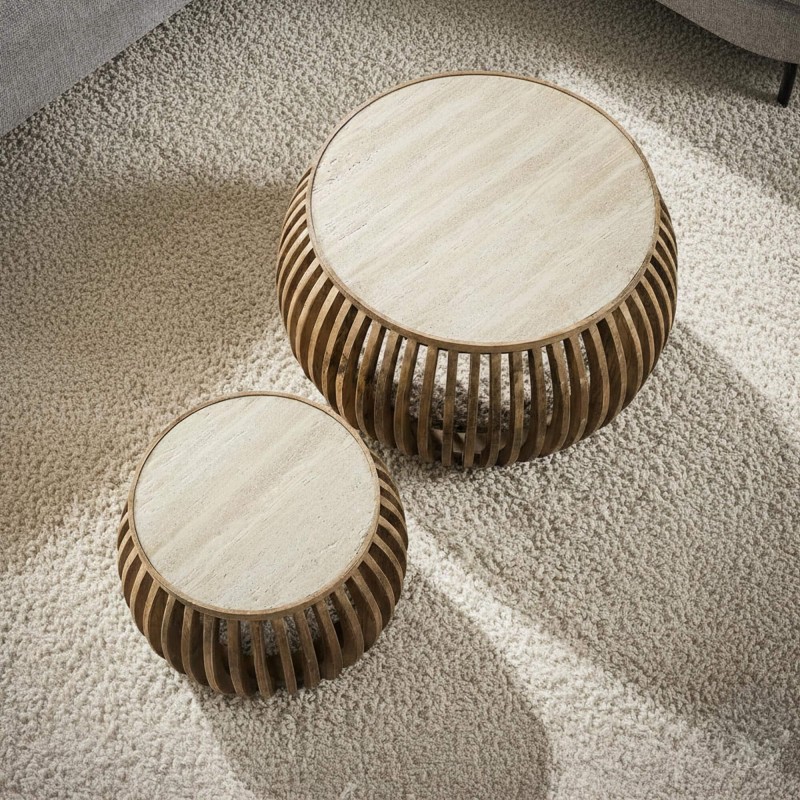 Lot de 2 tables basses rondes en bois de manguier plateau céramique - Nuovo