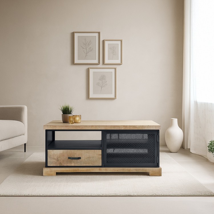 Table de salon style industrielle en bois massif et métal - Cambridge