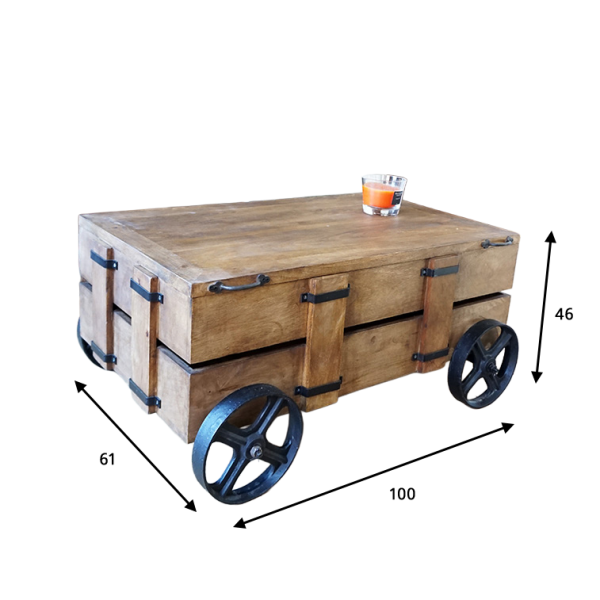 Table basse en bois massif et roulettes en métal avec coffre de rangement