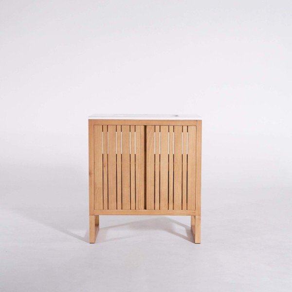 Meuble de salle de bain en bois massif avec simple vasque encastrée (blanc brillant) - Satya