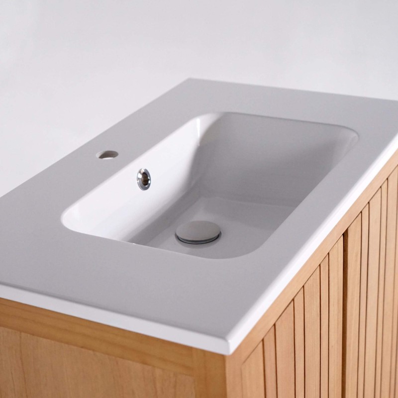Meuble de salle de bain en bois massif avec simple vasque encastrée (blanc brillant) - Satya