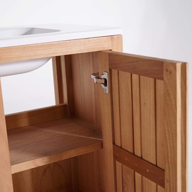Meuble de salle de bain en bois massif avec simple vasque encastrée (blanc brillant) - Satya
