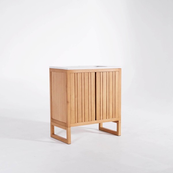 Meuble de salle de bain en bois massif avec simple vasque encastrée (blanc brillant) - Satya