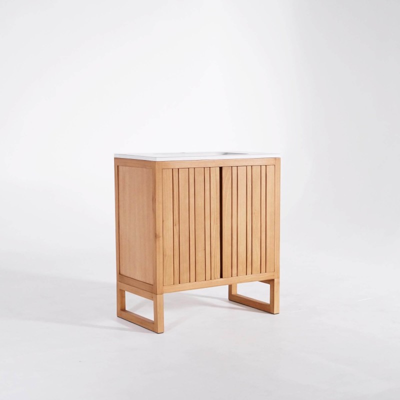 Meuble de salle de bain en bois massif avec simple vasque encastrée (blanc brillant) - Satya