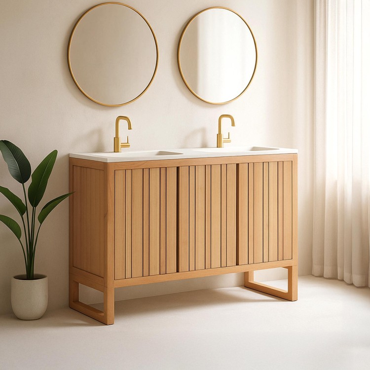Meuble de salle de bain en bois massif avec double vasque encastrée (blanc brillant) - Satya