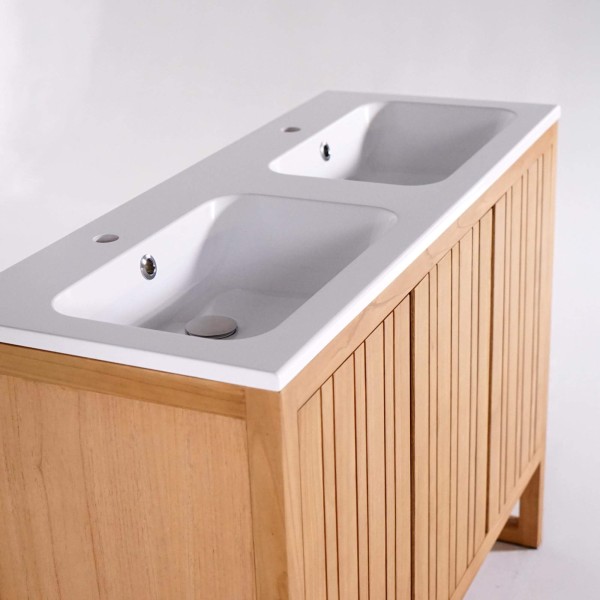 Meuble de salle de bain en bois massif avec double vasque encastrée (blanc brillant) - Satya