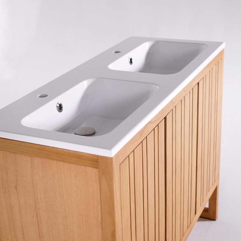 Meuble de salle de bain en bois massif avec double vasque encastrée (blanc brillant) - Satya