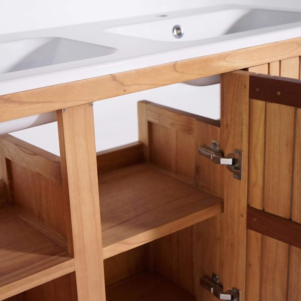 Meuble de salle de bain en bois massif avec double vasque encastrée (blanc brillant) - Satya
