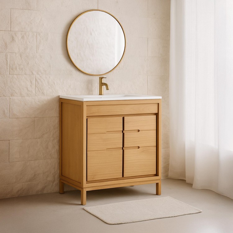 Meuble de salle de bain en bois massif avec simple vasque encastrée (blanc brillant) - Ashwini