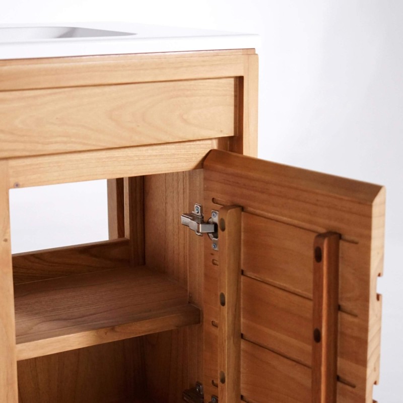 Meuble de salle de bain en bois massif avec simple vasque encastrée (blanc brillant) - Ashwini