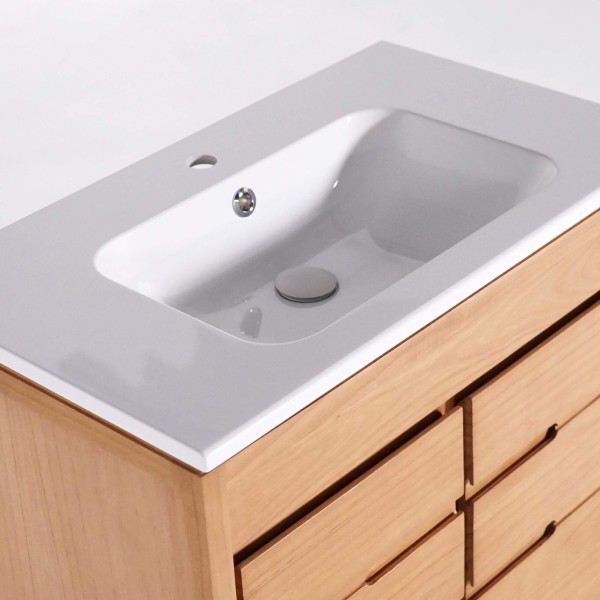 Meuble de salle de bain en bois massif avec simple vasque encastrée (blanc brillant) - Ashwini