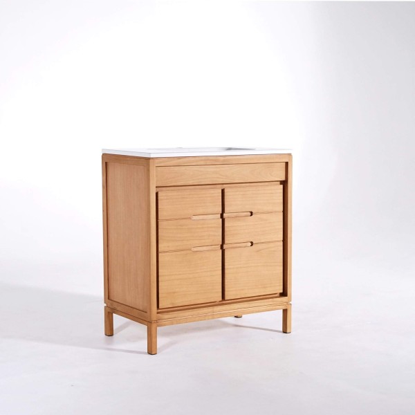 Meuble de salle de bain en bois massif avec simple vasque encastrée (blanc brillant) - Ashwini