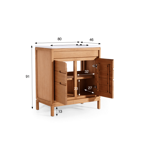 Meuble de salle de bain simple vasque en bois massif, blanc brillant - Ashwini