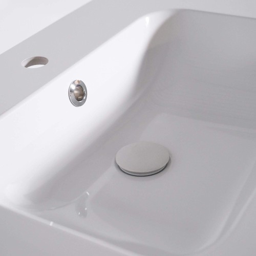 Meuble de salle de bain simple vasque en bois massif, blanc brillant - Satya