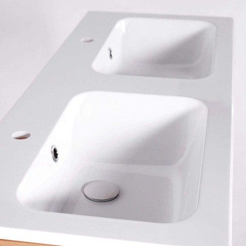 Meuble de salle de bain double vasque en bois massif, blanc brillant - Satya