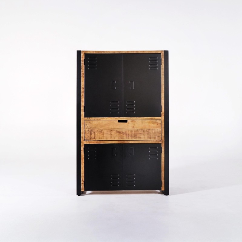Armoire en bois massif de manguier et porte en métal 100 cm - Kansas