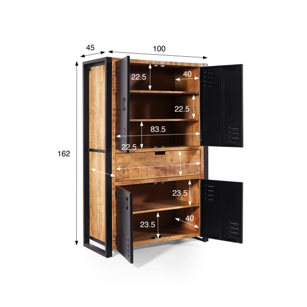 Armoire en bois massif de manguier et porte en métal 100 cm - Kansas
