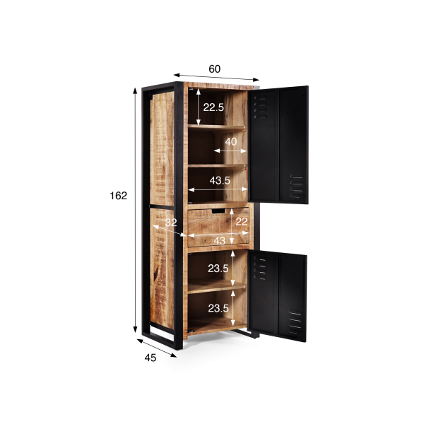 Armoire en bois massif de manguier et porte en métal 60 cm - Kansas