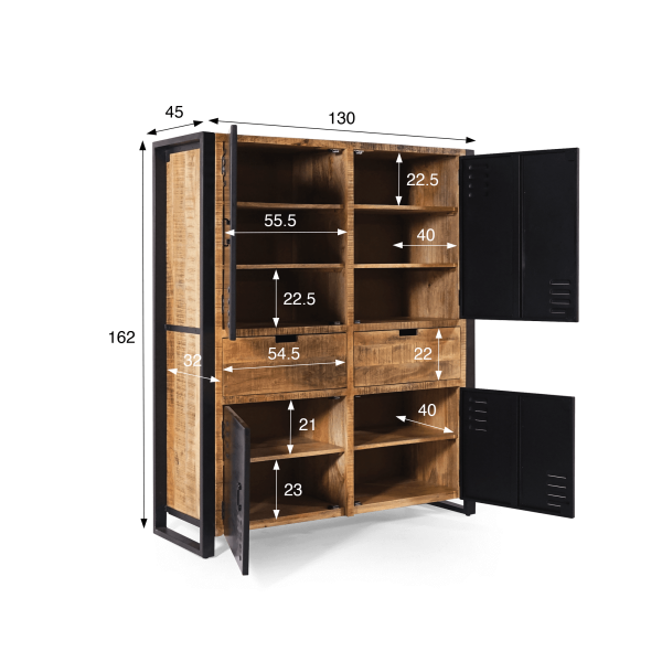 Armoire en bois massif de manguier et porte en métal 130 cm - Kansas