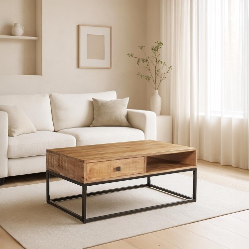 Table basse en bois massif de manguier et structure en métal