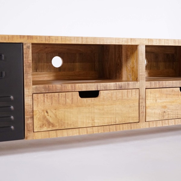 Meuble TV en bois massif manguier et porte en métal 220 cm - Kansas