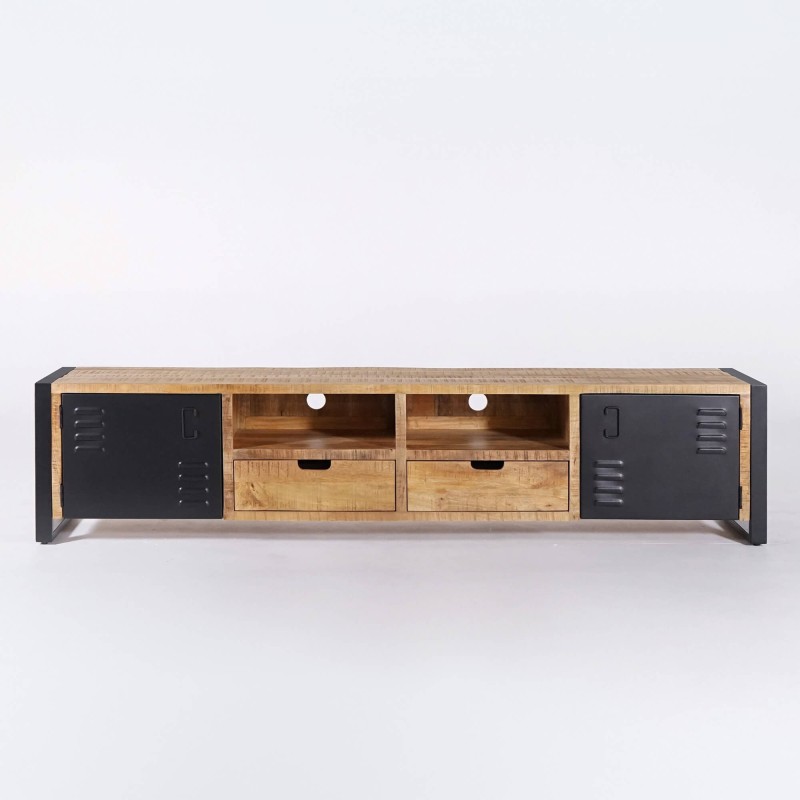 Meuble TV en bois massif manguier et porte en métal 220 cm - Kansas