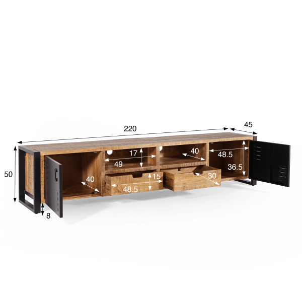 Meuble TV en bois massif manguier et porte en métal 220 cm - Kansas
