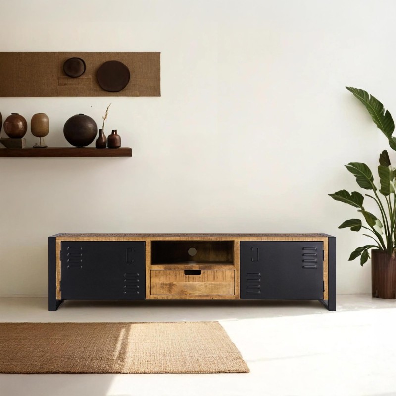 Meuble TV en bois massif manguier et porte en métal 180 cm - Kansas
