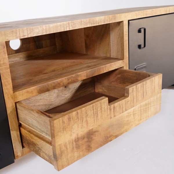 Meuble TV en bois massif manguier et porte en métal 180 cm - Kansas