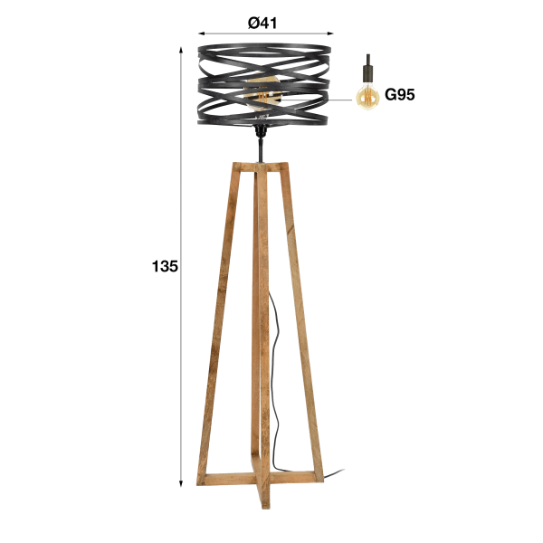 Lampadaire de salon style industriel en bois avec abat jour en métal torsadé - Twist