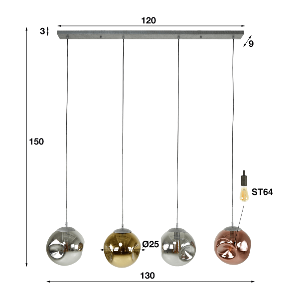 Suspension style industriel en métal avec abat-jours en verre - Caleo