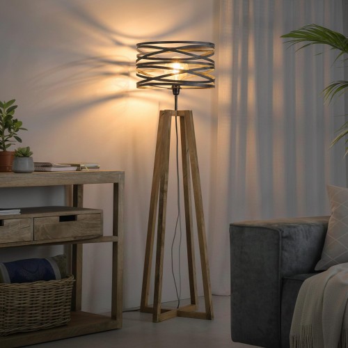 Lampadaire En Bois Massif Style Scandinave - Abat-jour Lin, Finition Noire - Pour Salon, Chambre (sans Ampoule)