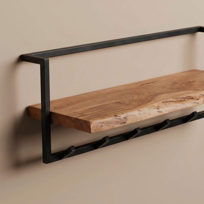 Porte manteaux mural avec étagère en bois massif - Solis