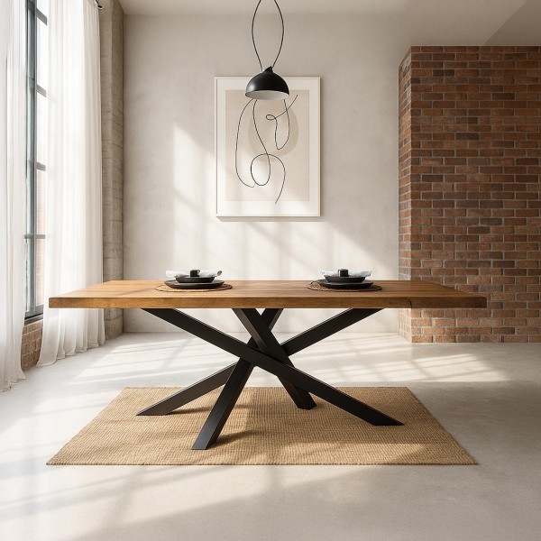 Table de salle à manger en bois massif à pied mikado en métal 220 cm