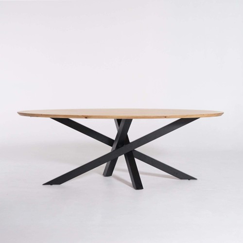 Table de salle à manger ovale en bois massif à pied mikado en métal 180 cm