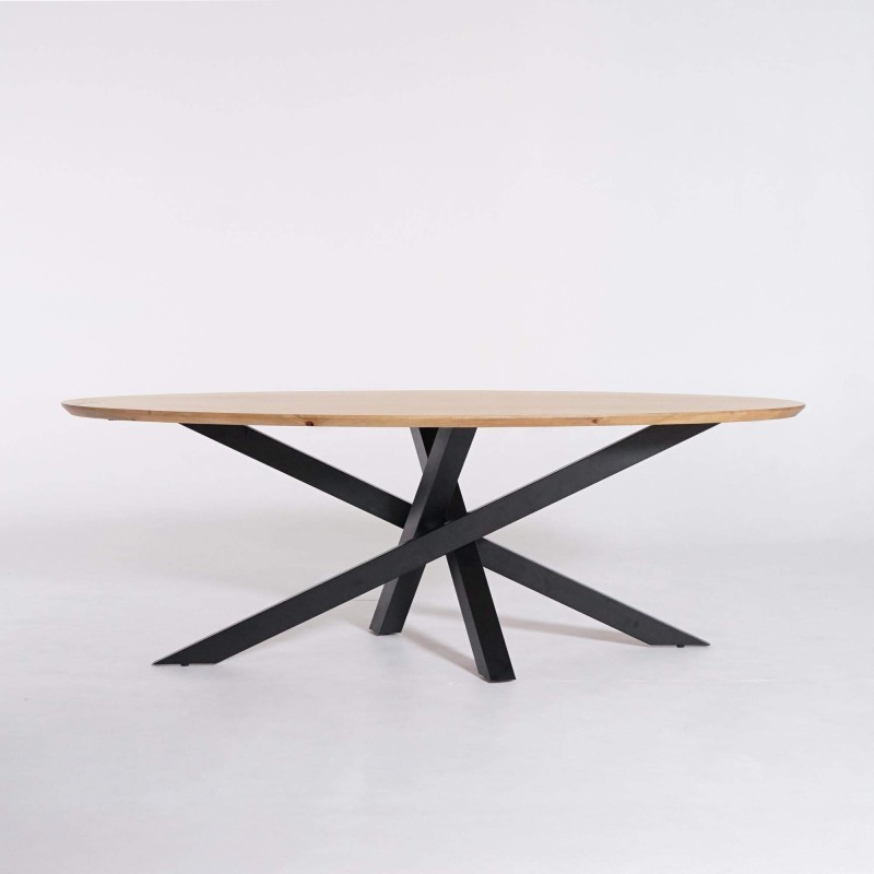 Table de salle à manger ovale en bois massif à pied mikado en métal 180 cm