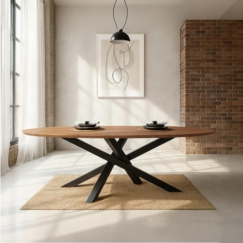 Table de salle à manger ovale en bois massif à pied mikado en métal 180 cm