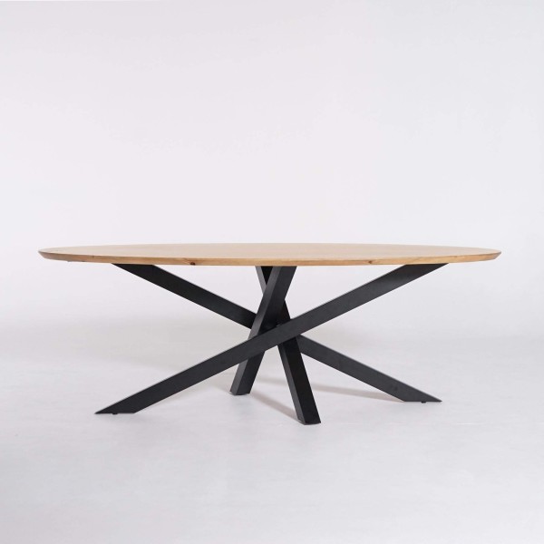 Table de salle à manger ovale en bois massif à pied mikado en métal 220 cm