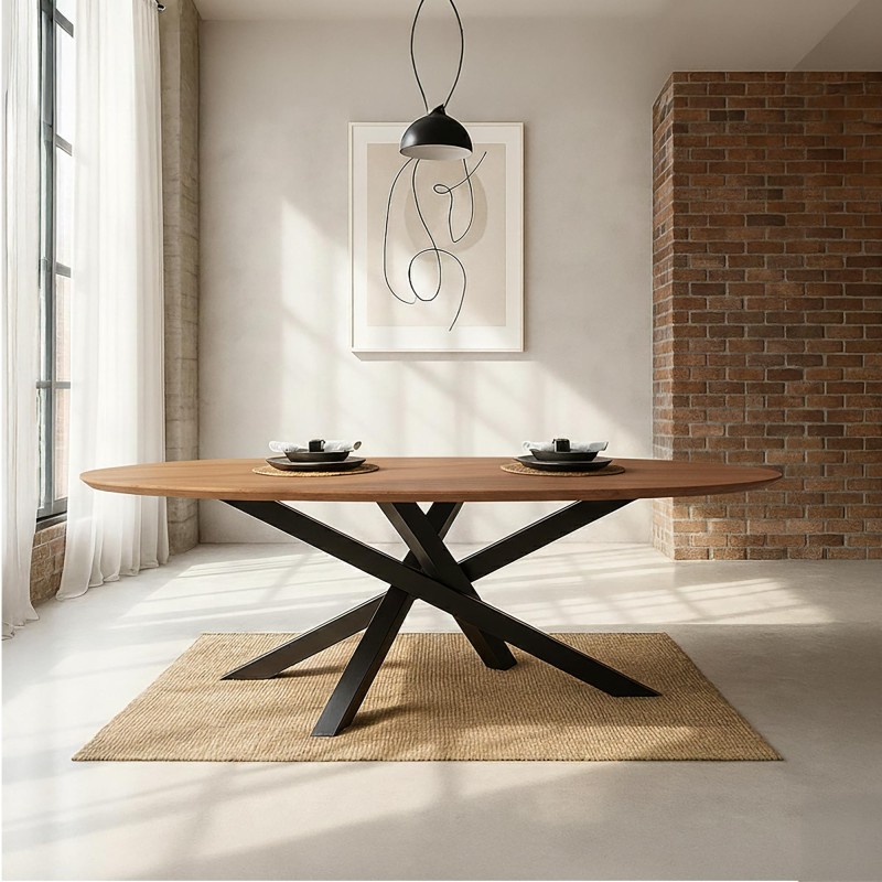 Table de salle à manger ovale en bois massif à pied mikado en métal 220 cm